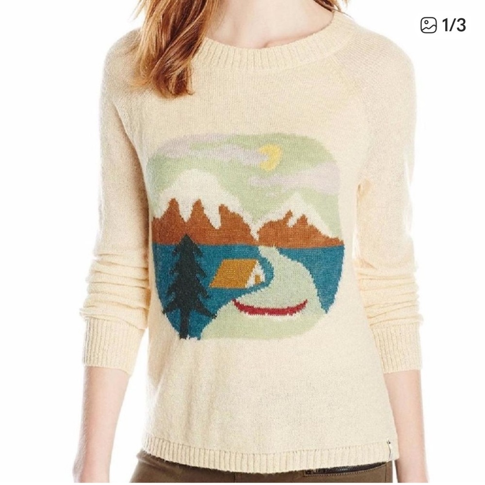 Woolrich Crewneck Sweater Mountain Camping Canoe Scene Wool Mohair Blend Size L